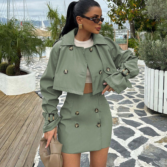 Stylish Women's Casual Short Utility Jacket and Skirt Set