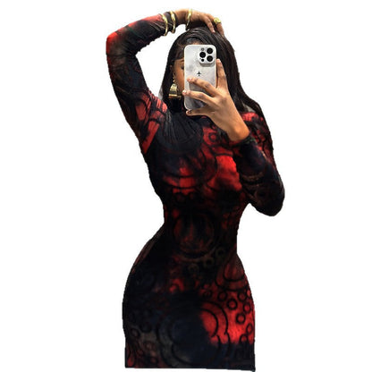 Color Block Bodycon Dress Abstract Print Long Sleeve High Collar