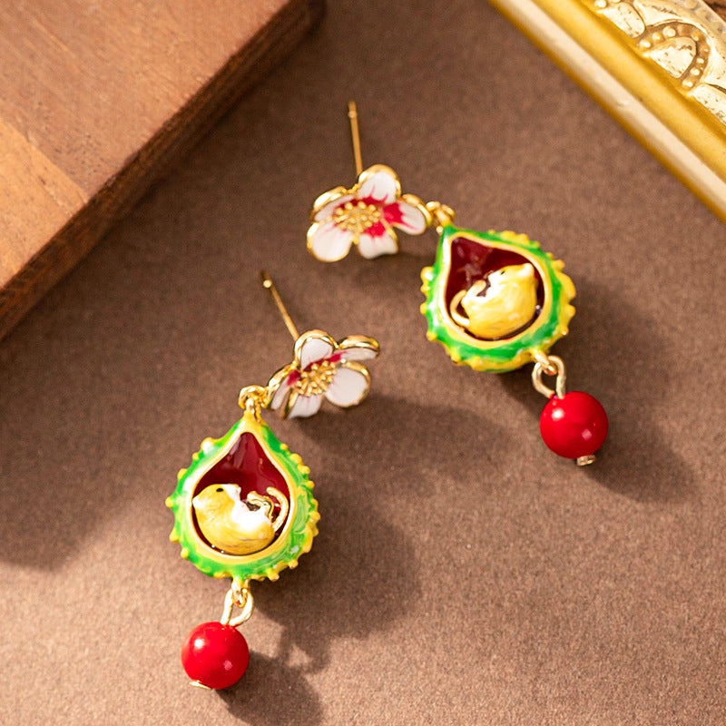 Charming Hand-Painted Enamel Squirrel Floral Earrings For Women