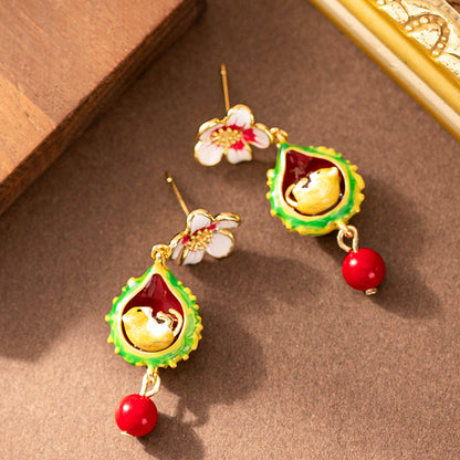 Charming Hand-Painted Enamel Squirrel Floral Earrings For Women