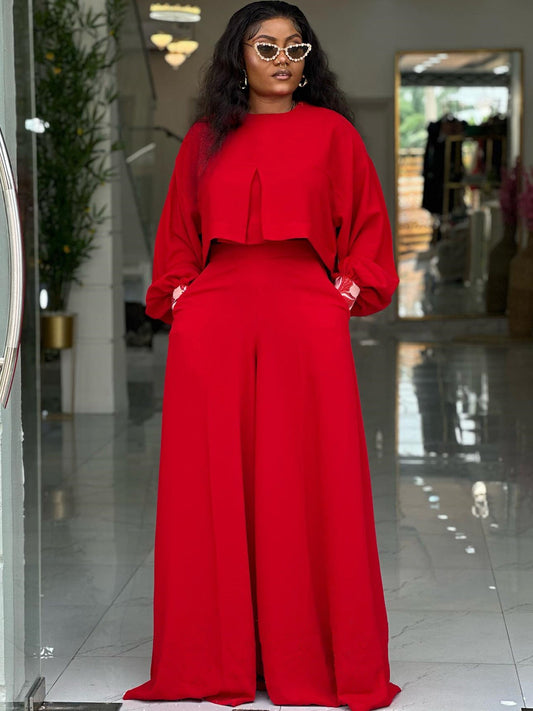 Casual Lantern Sleeve Top And Wide Leg Pants Set