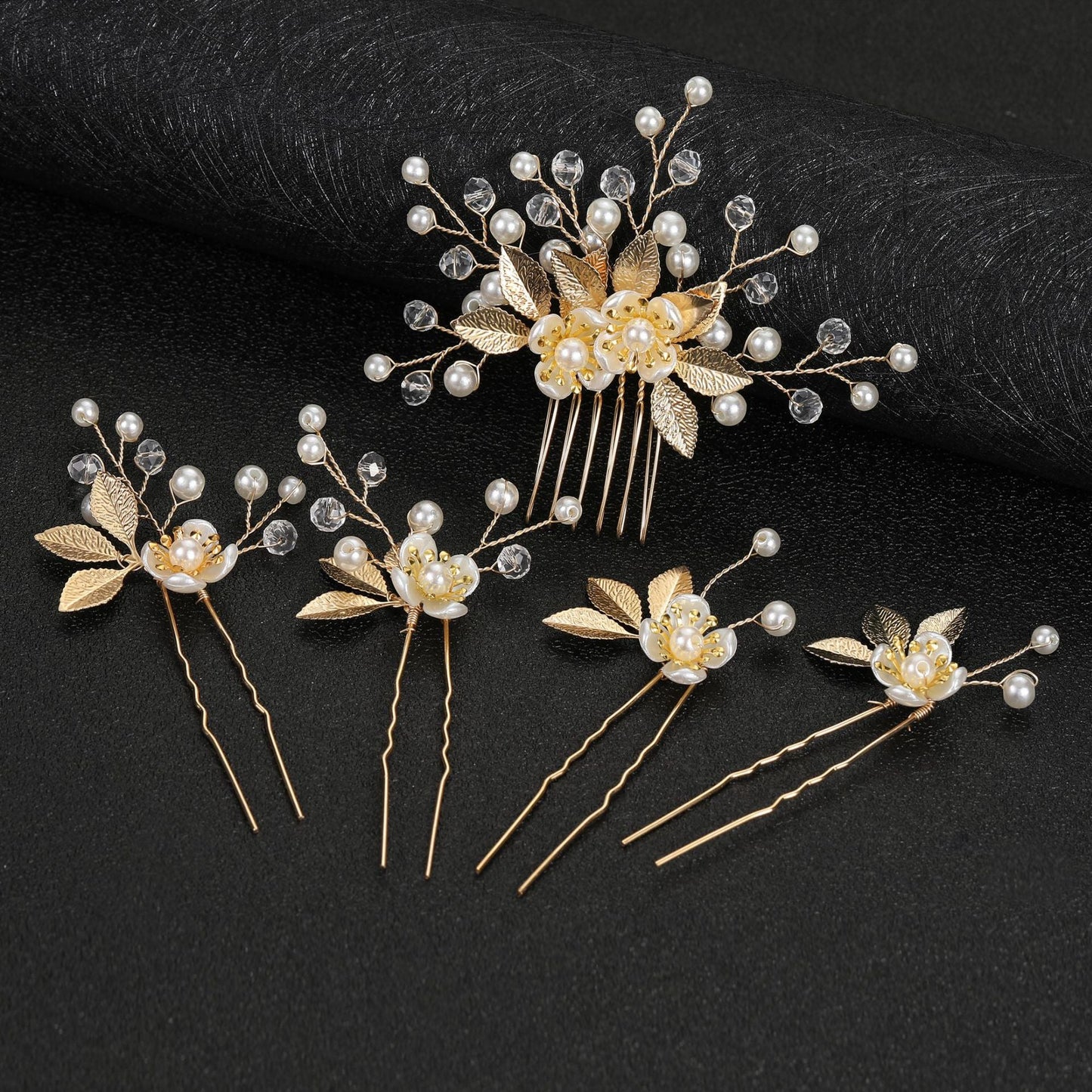 5-Piece Vintage Bridal Hair Clips with Pearls and Gold Leaves