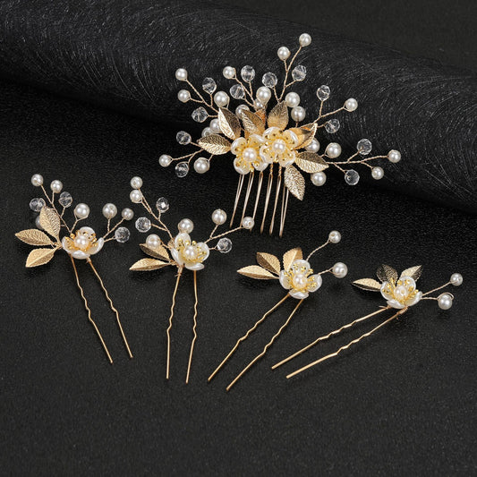 5-Piece Vintage Bridal Hair Clips with Pearls and Gold Leaves