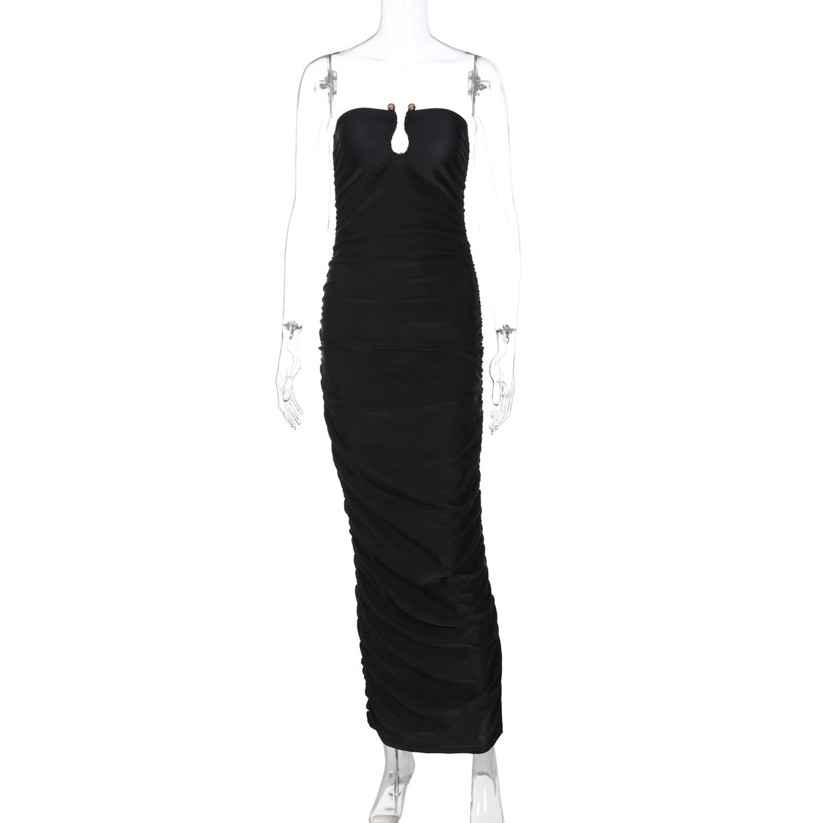 Slim Fit V-Neck Ruched Midi Dress in Black
