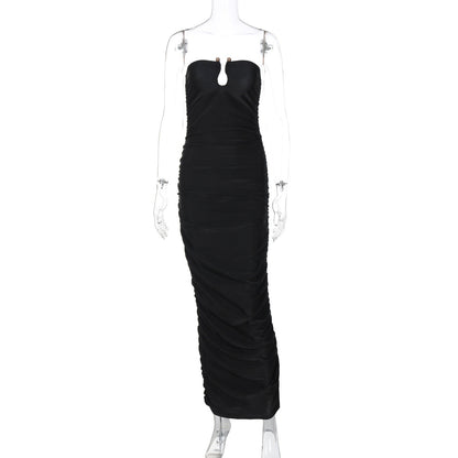 Slim Fit V-Neck Ruched Midi Dress in Black