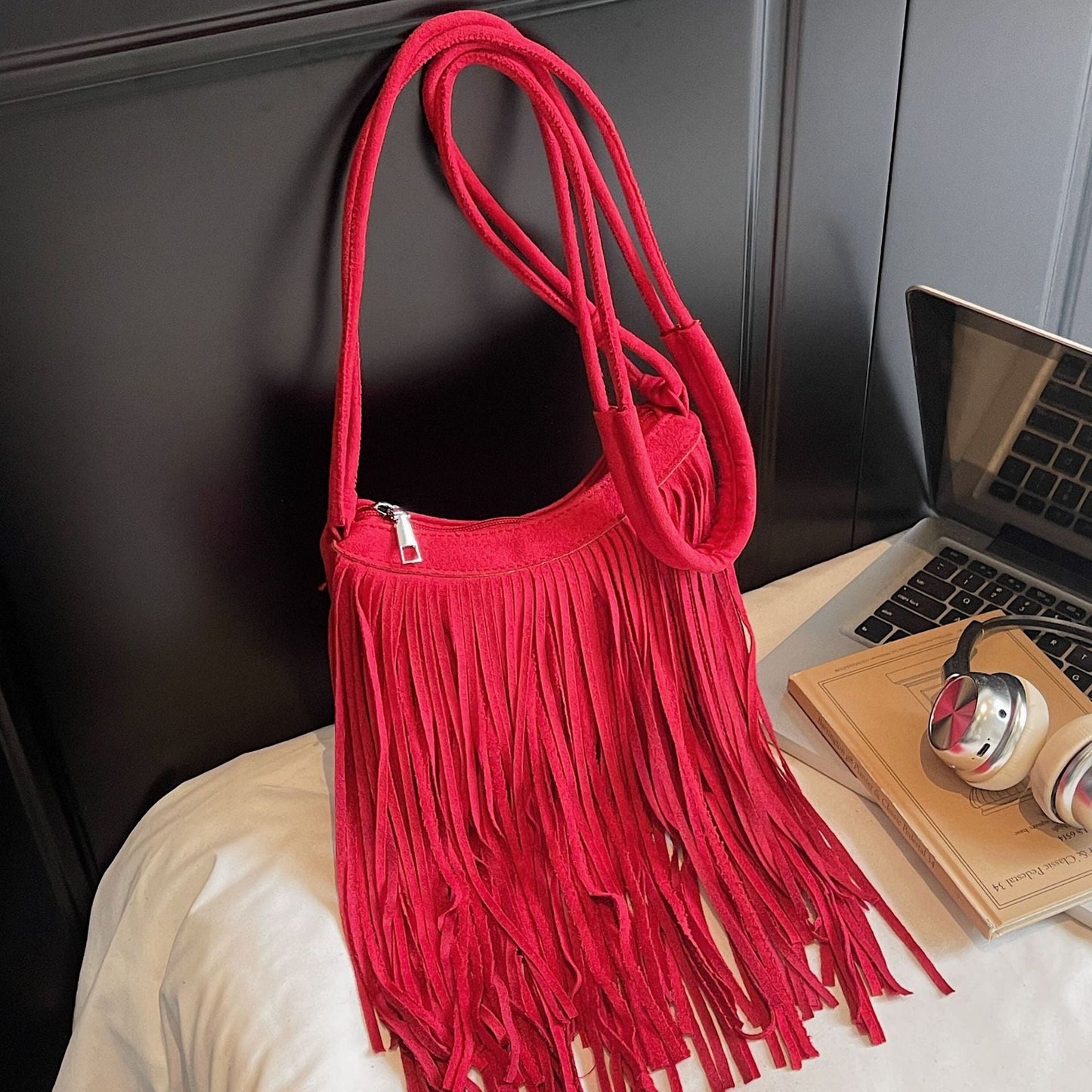 Vintage Suede Fringe Crossbody Bag Stylish PU Leather Shoulder Bag