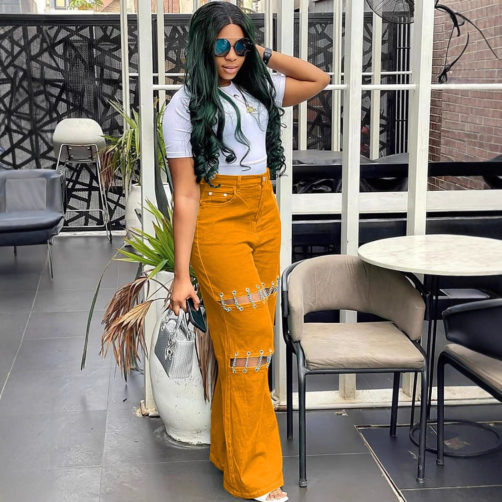 High-Waisted Denim Pants With Chain Details For Women