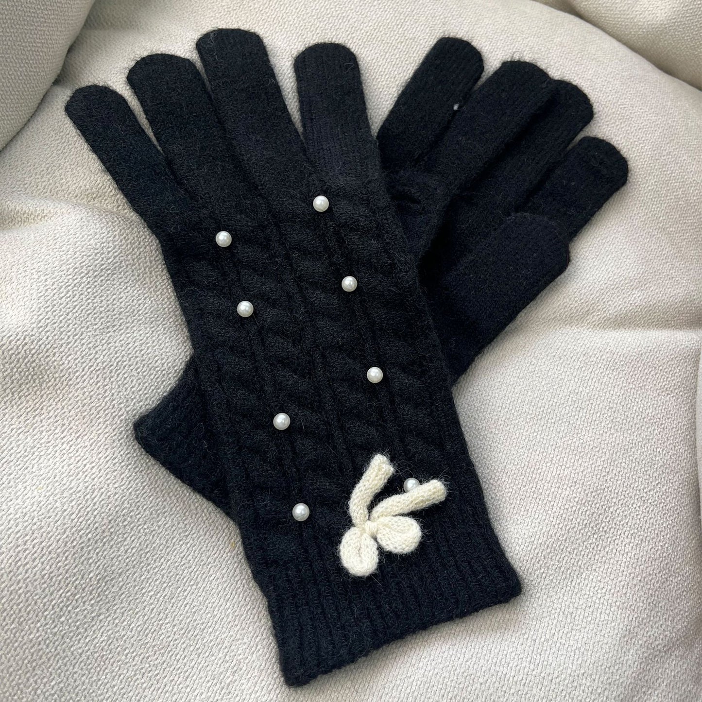 Solid Color Bow Knot Wool Winter Gloves