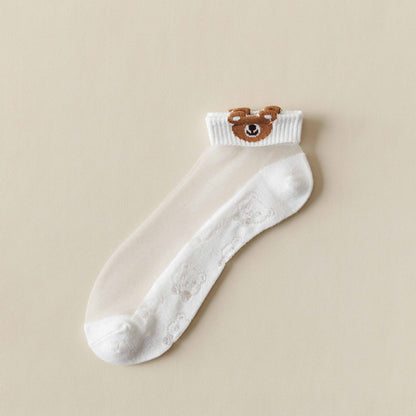 Rufia -  Breathable Sheer Ankle Socks with Bear Pattern