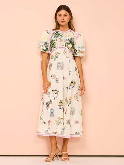 Elegant Floral Print Linen Midi Dress with Puff Sleeves