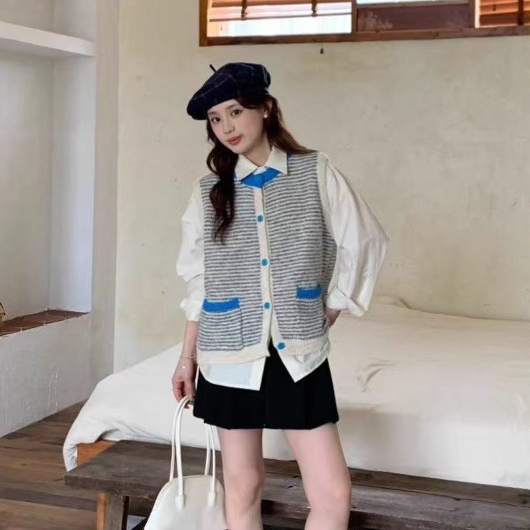 Color Block Striped Knit Vest for Women Casual Chic