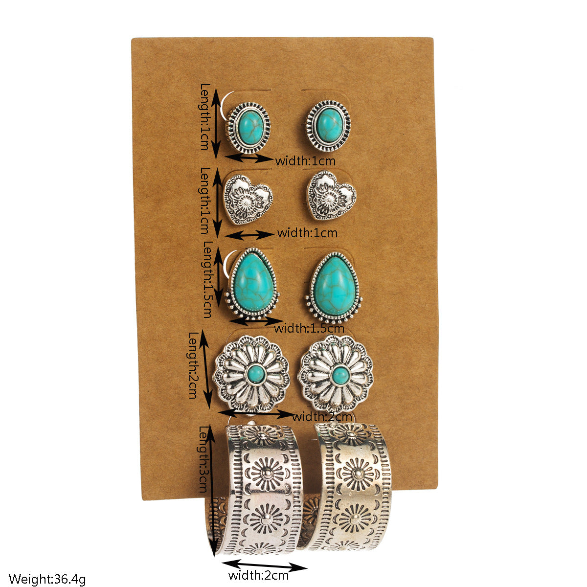 Bohemian Vintage Turquoise Earrings Set - Flower Heart Geometric Design