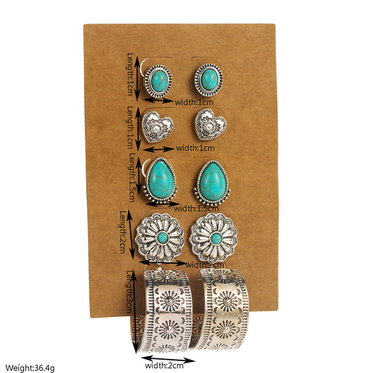 Bohemian Vintage Turquoise Earrings Set - Flower Heart Geometric Design