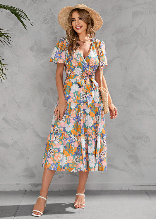 Summer Print V-Neck Midi Midi Dress With A Nipped-In Waist