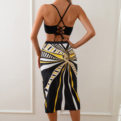 3PCS Print Strap Side Split Dress Cover Swimwear