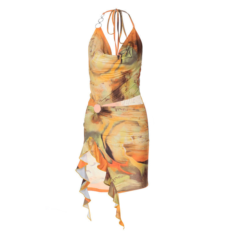 Sexy Backless Tie-Up Dress Trendy Floral Milk Silk Dress