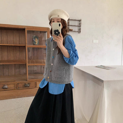 Trendy Knitted Wool Vest with Button Design for Women