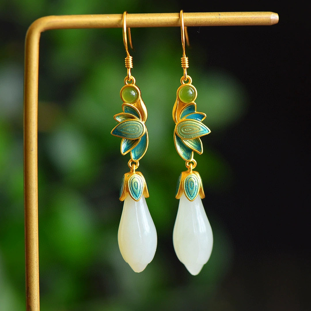 925 Silver Plated Magnolia Flower White Jade Retro Palace Style Long Women'S Earrings