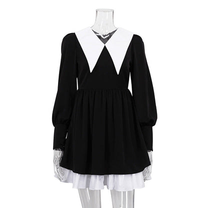 French Style Black A-Line Dress With Peter Pan Collar