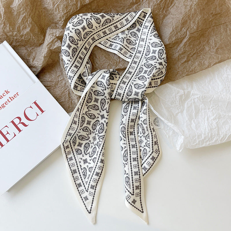 Print Narrow Long Satin Silk-Feel Scarf