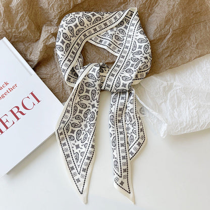 Print Narrow Long Satin Silk-Feel Scarf