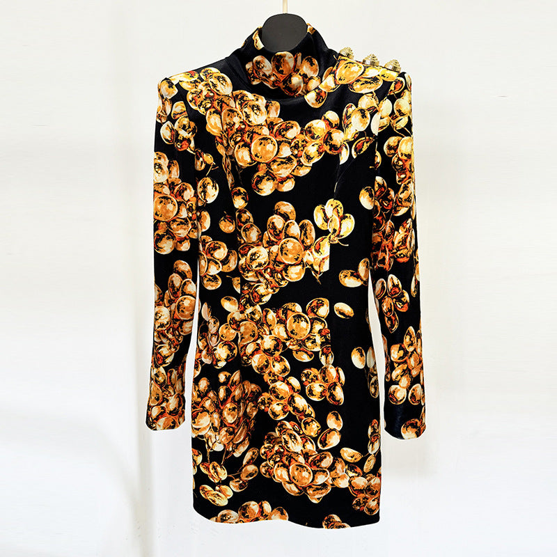 Grape Print Velvet Dress Stylish Casual Bodycon Long Sleeve