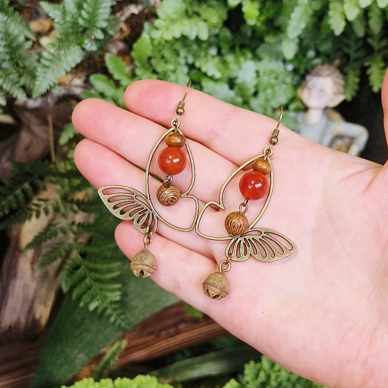 Vintage Bohemian Butterfly Earrings with Natural Stone Beads