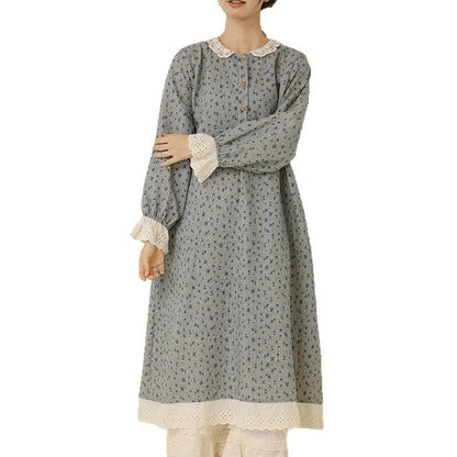 Artistic Floral Long Dress Comfortable Cotton Linen A-Line Dress