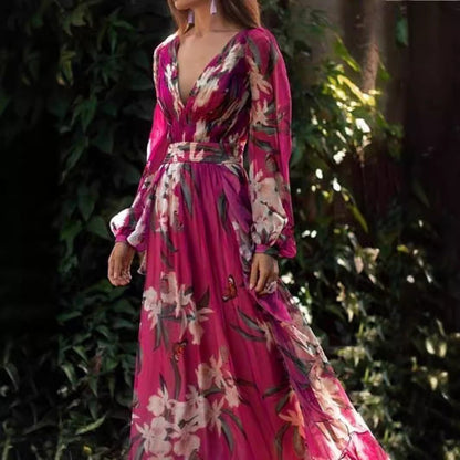Fashion V-Neck Long Sleeve Maxi Dress With Floral Print