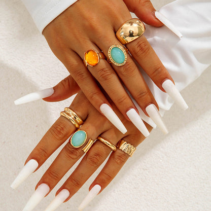 Retro Geometric Adjustable Ring Set With Gemstone Inlays
