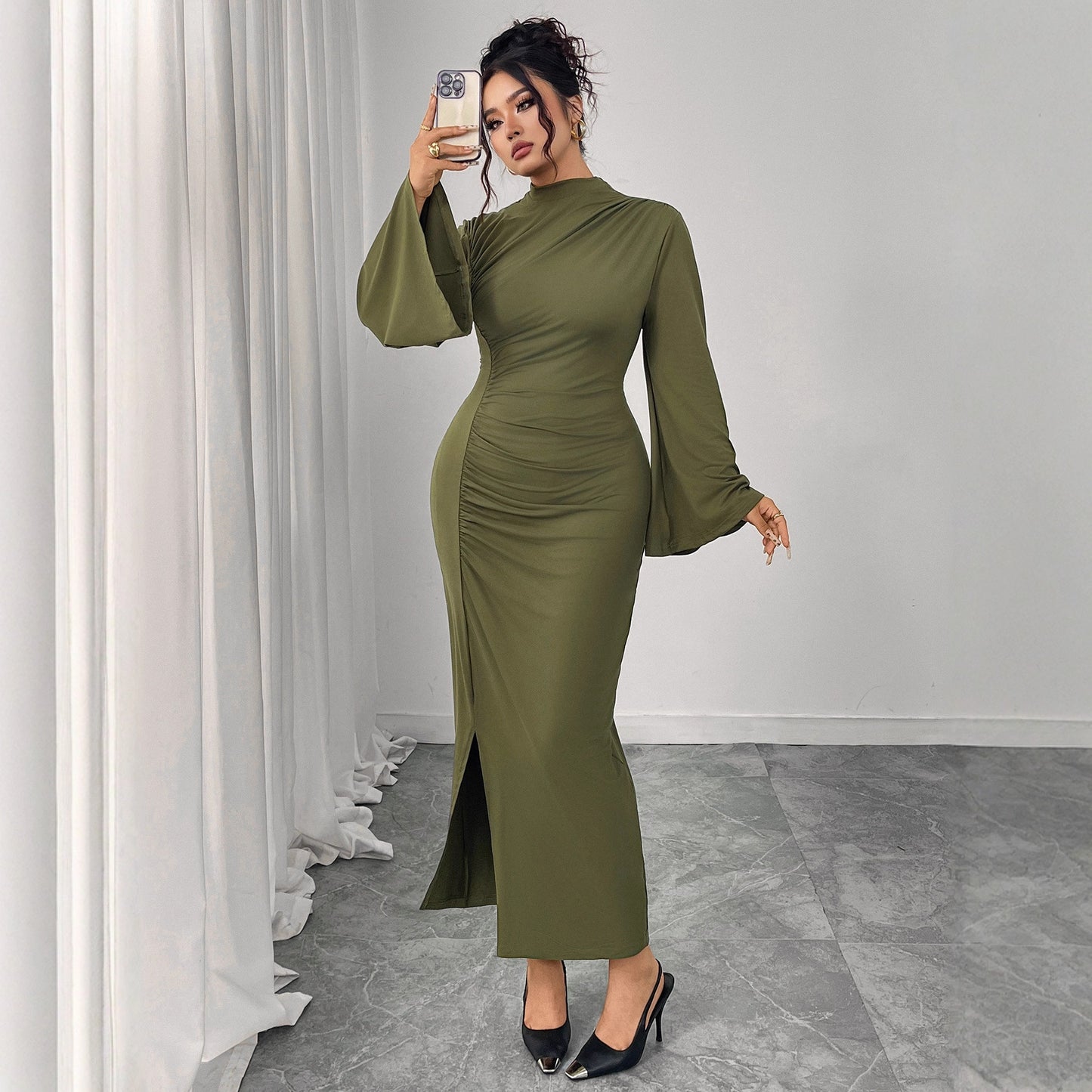 High Waist Solid Color Bodycon Dress With Ruffle Sleeves