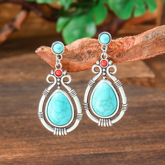 Fashionable Vintage Teardrop Alloy Earrings with Turquoise Decoration