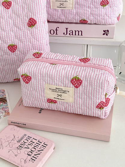 Strawberry Striped Pink Makeup Bag Quilted Large Capacity Portable Cosmetic Case