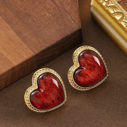 Heart-Shaped Resin Earrings Elegant Retro Style