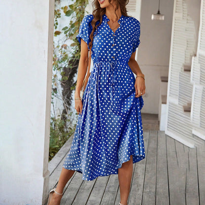 Polka Dot High-Waisted Tie Dress Casual Vacation Look