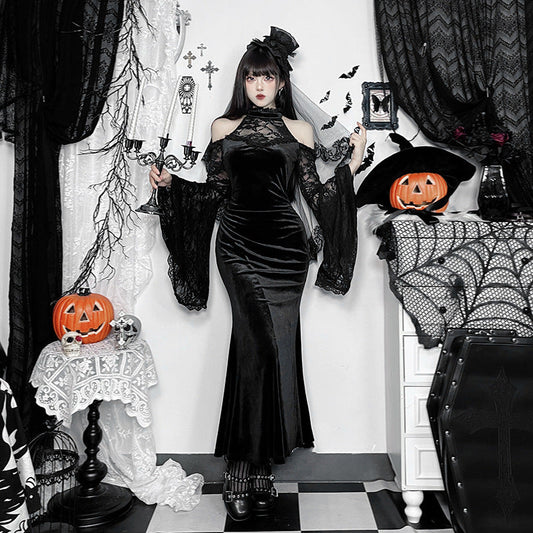 Black Off-Shoulder Long Sleeve Witch Dress for Women