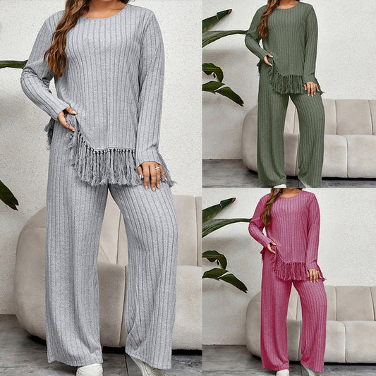 Casual Loose Long Sleeve Tassel Top And Wide Leg Pants Set