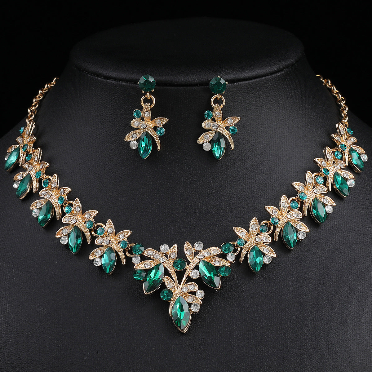 Dragonfly Jewelry Set - Alloy And Crystal Earrings And Necklace