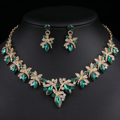 Dragonfly Jewelry Set - Alloy And Crystal Earrings And Necklace