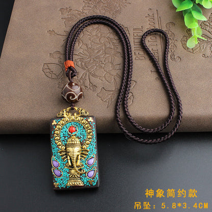 Vintage Ebony Nepal Pendant Fortune Transfer Necklace Long Versatile Ethnic Style Peace Card Pendant Necklace