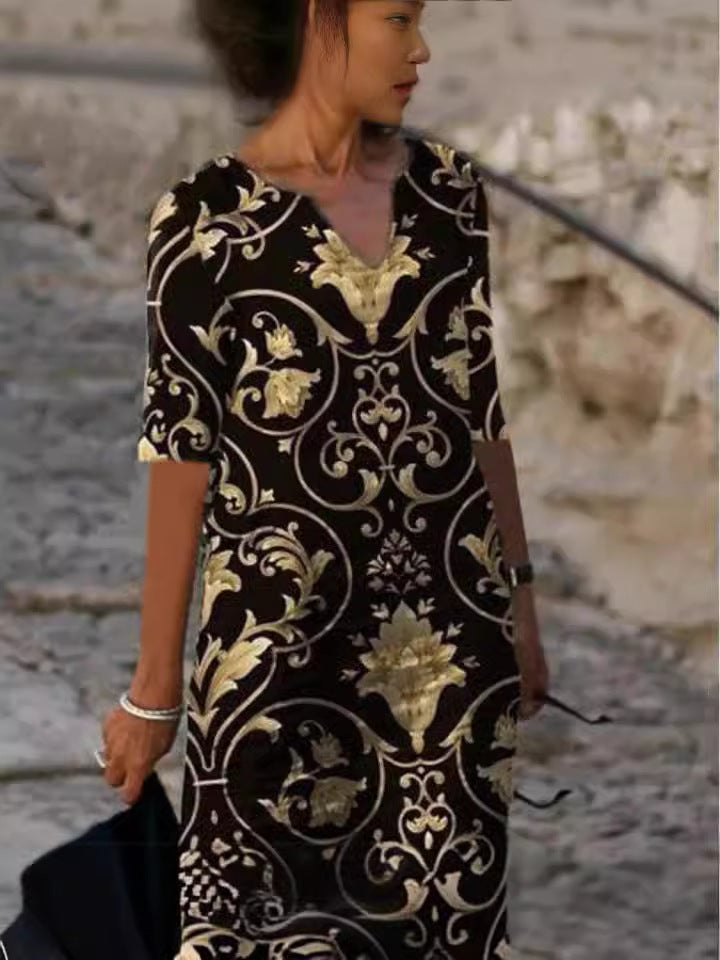 Abstract Print V-Neck A-Line Dress Comfortable Casual Fashion