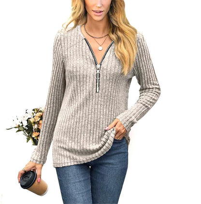 Autumn/Winter New Women'S Wear Chest Zipper Pleated Casual Long Sleeve T-Shirt Top