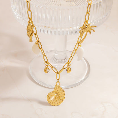 Ocean-Inspired Stainless Steel Seashell Necklace with Crystals