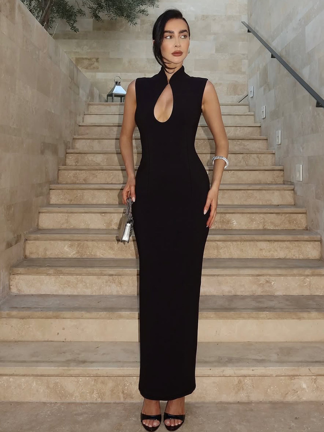 French Hollow Knit Bodycon Dress Elegant Style