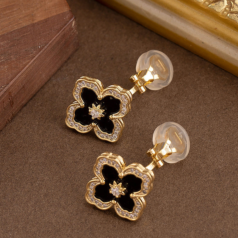 Gold Four Leaf Clover Zirconia Ear Clips For Women