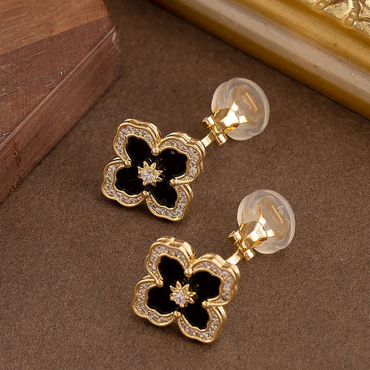 Gold Four Leaf Clover Zirconia Ear Clips For Women