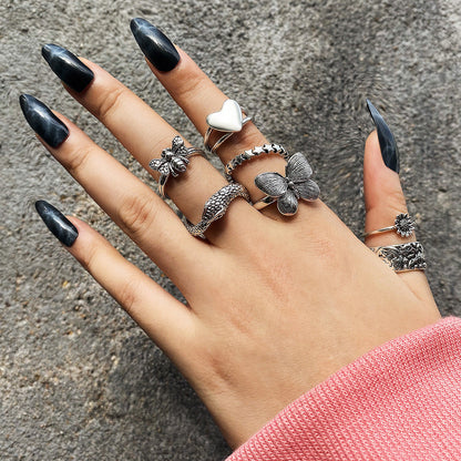 9-Piece Set Of Vintage Crying Face Rings, Playing Card Rings, Hollowed Out Love Rings, Daisy Rings, Alloy Chain Rings
