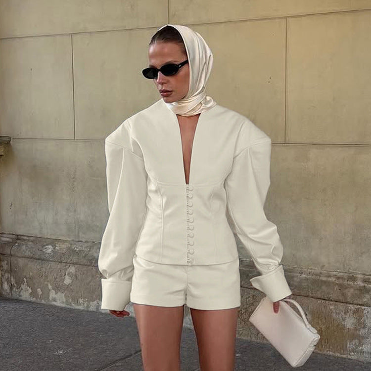 Elegant V-Neck Long Sleeve Top and Shorts Set