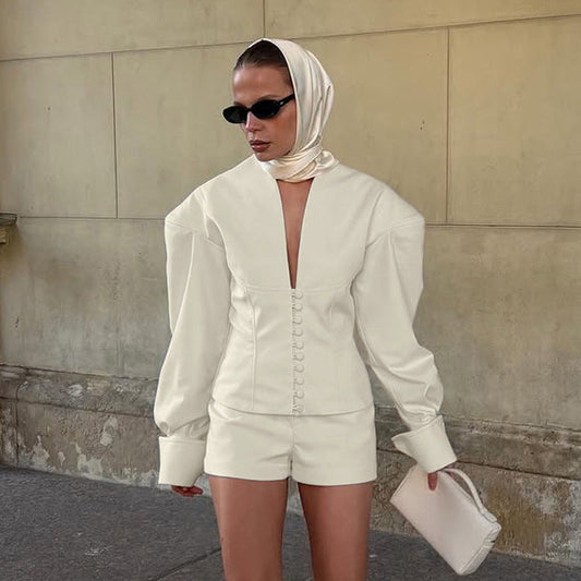 Elegant V-Neck Long Sleeve Top and Shorts Set