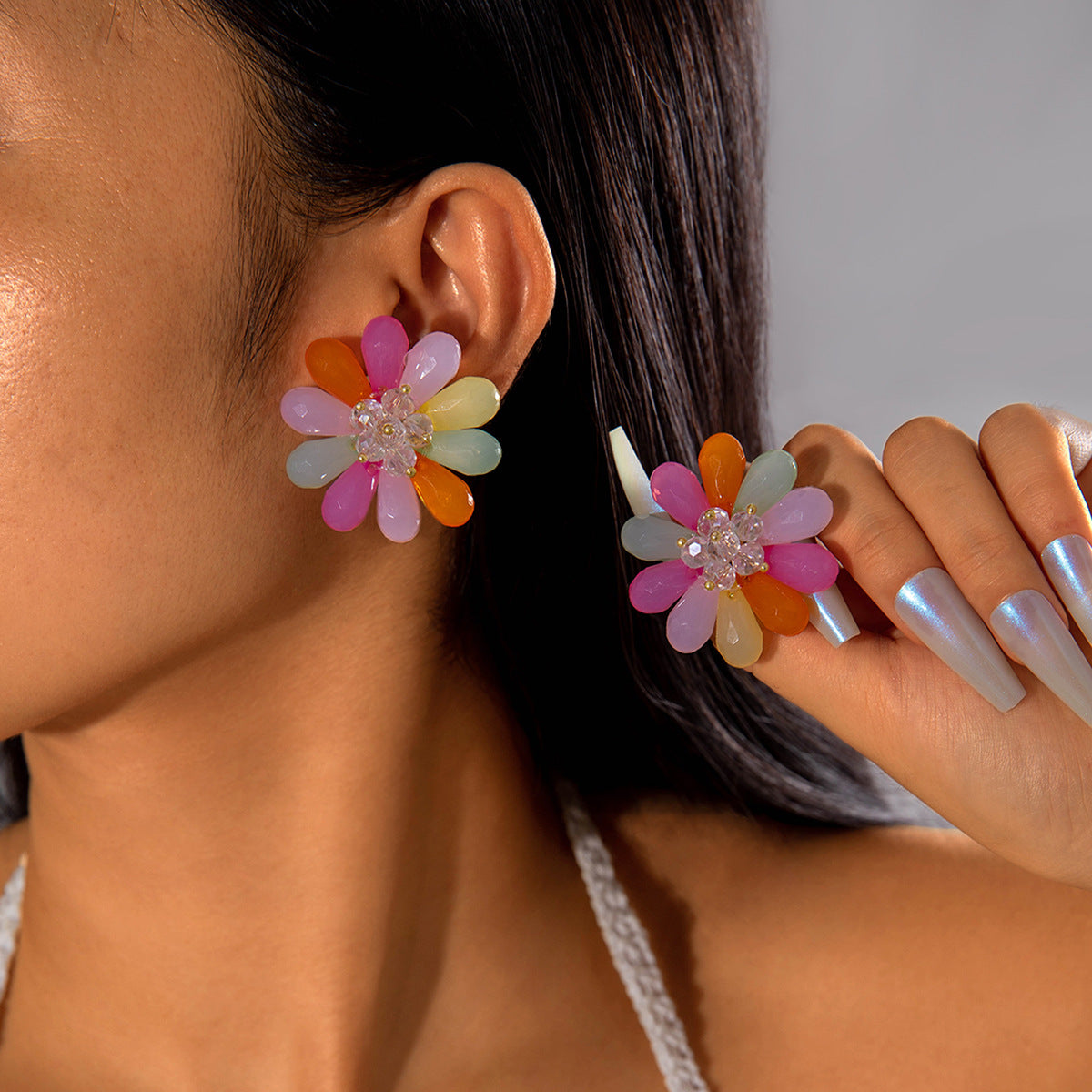 Colorful Resin Flower Petal Earrings Sweet Floral Studs